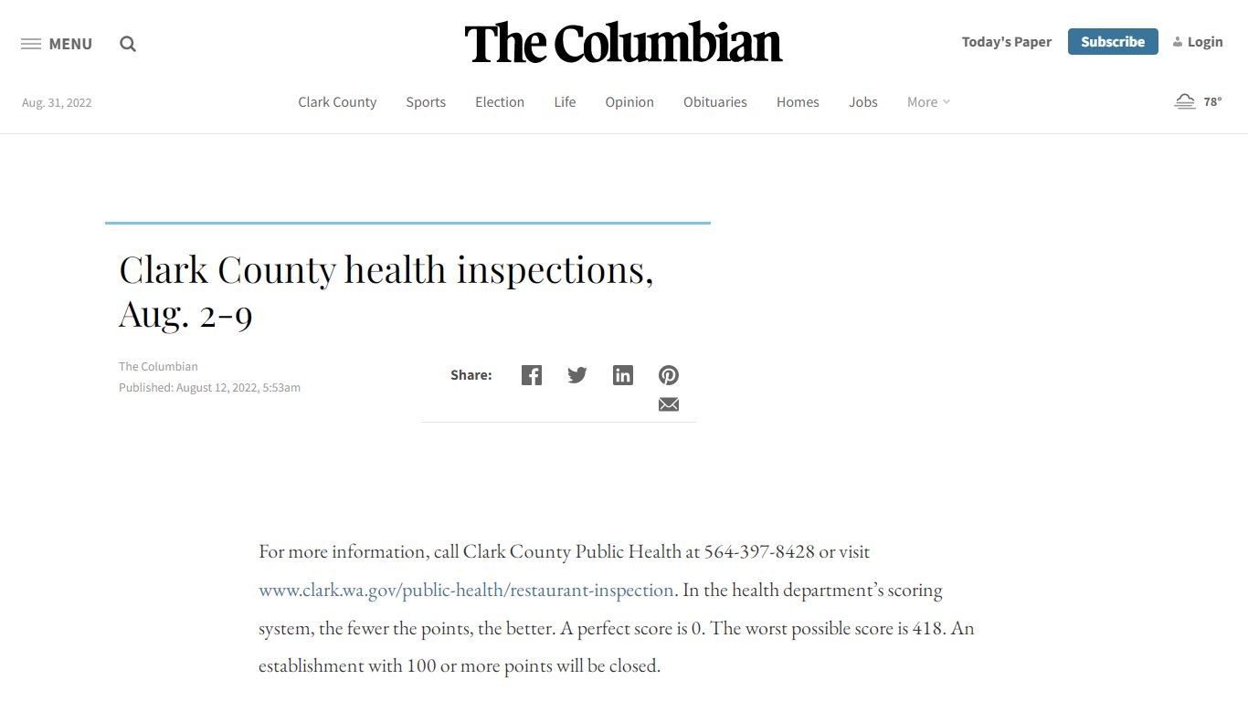 Clark County health inspections, Aug. 2-9 - The Columbian